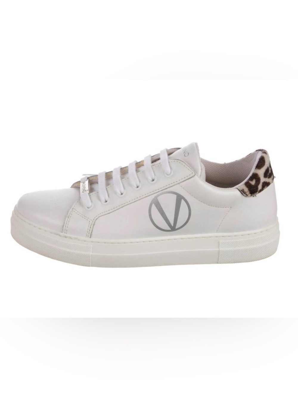 NWT Mario Valentino Sneakers White Leather Leopard Accent Womens 7.5 Italy
